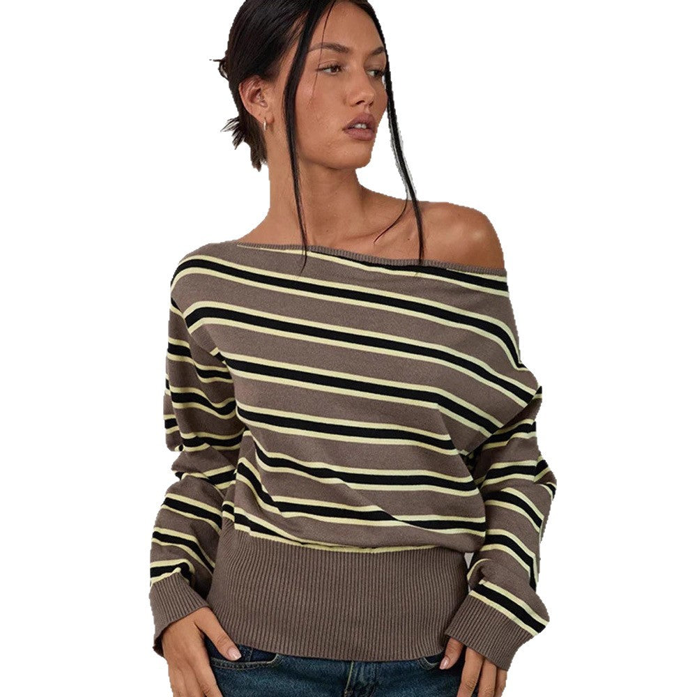 Women's fine knit boatneck pullover with asymmetrical shoulder drop, wide ribbed hem, and casual balloon sleeves Amarae