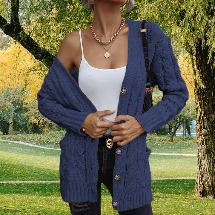 Ladies chunky knit cardigan with deep pockets and open cut Lune London