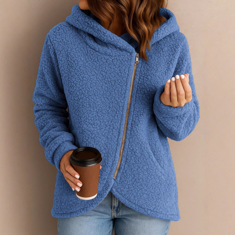 Women's teddy fleece jacket with asymmetrical zipper, hood and curved hem Amarae