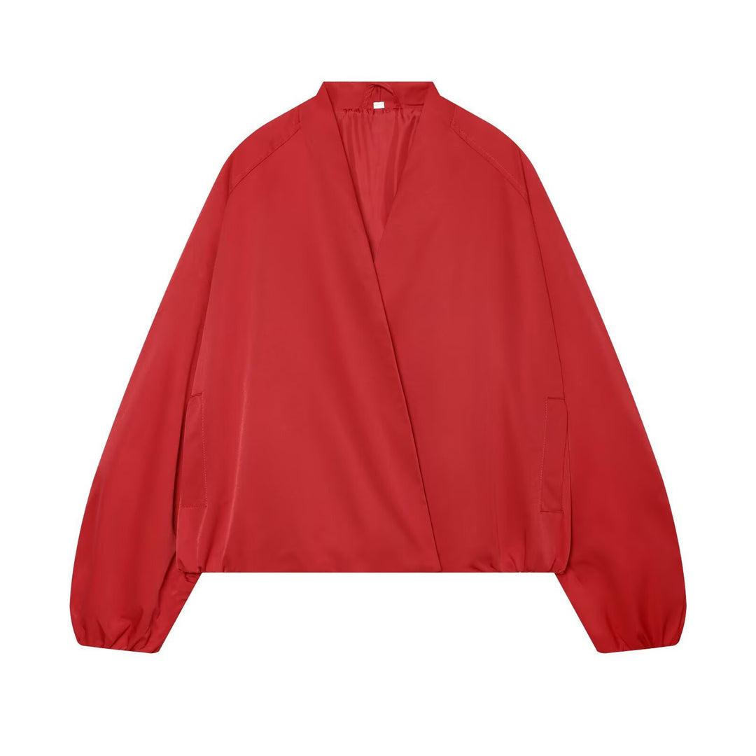 Ladies Lightweight Cropped Bomber Jacket in Oversized Look with Open Shawl Collar Amarae