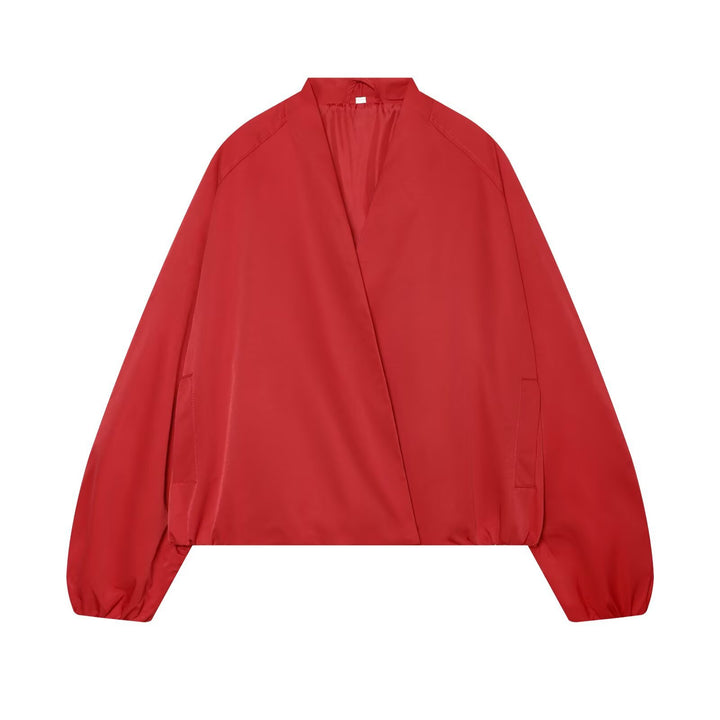 Ladies Lightweight Cropped Bomber Jacket in Oversized Look with Open Shawl Collar Amarae
