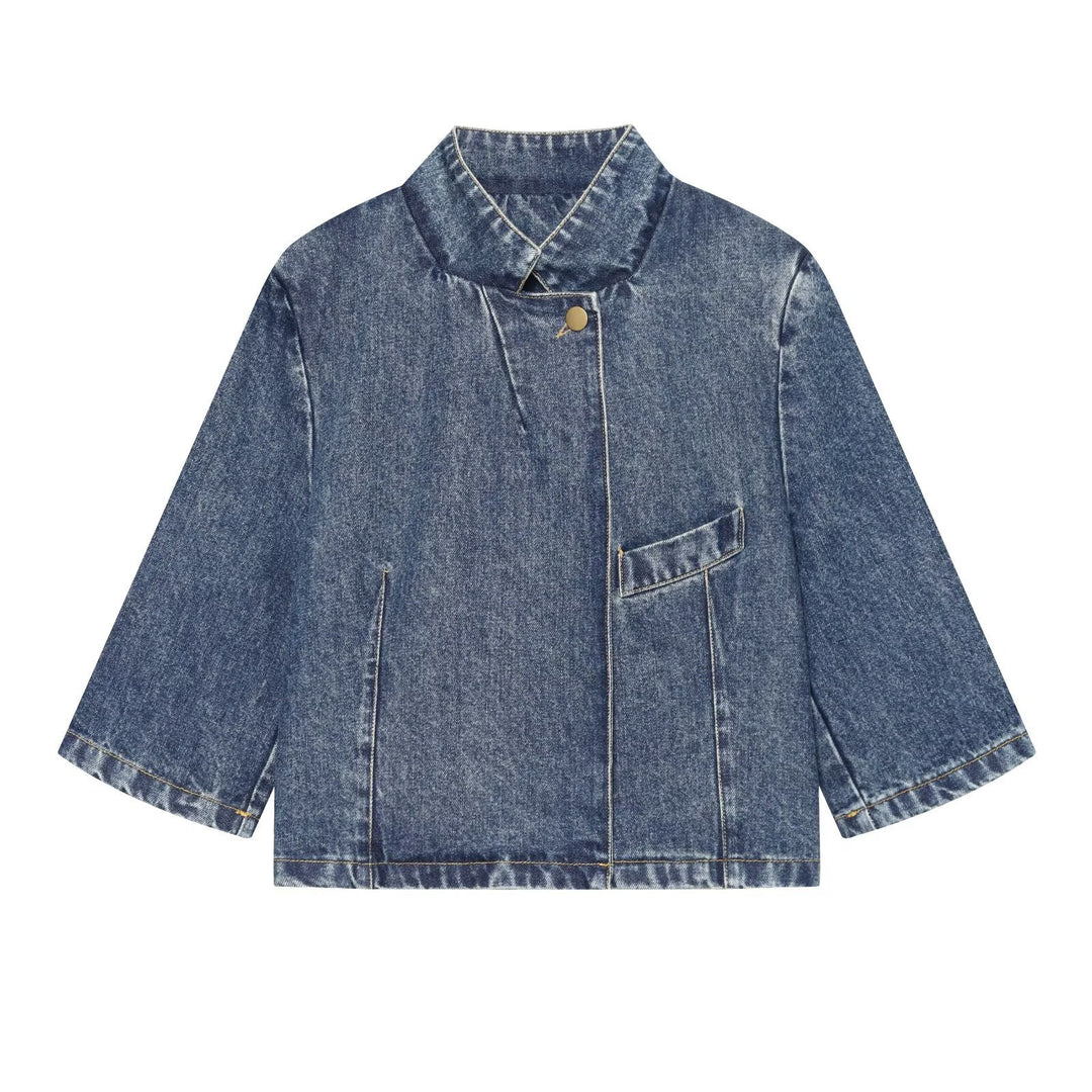 Women's Boxy Cropped Denim Jacket with Stand Collar and Three-Quarter Sleeves Amarae