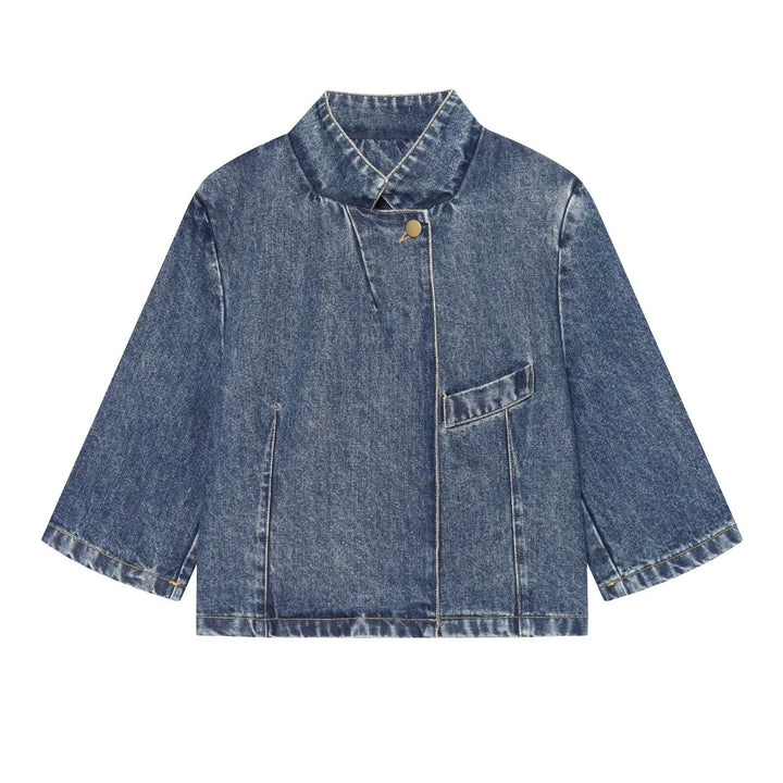 Women's Boxy Cropped Denim Jacket with Stand Collar and Three-Quarter Sleeves Amarae