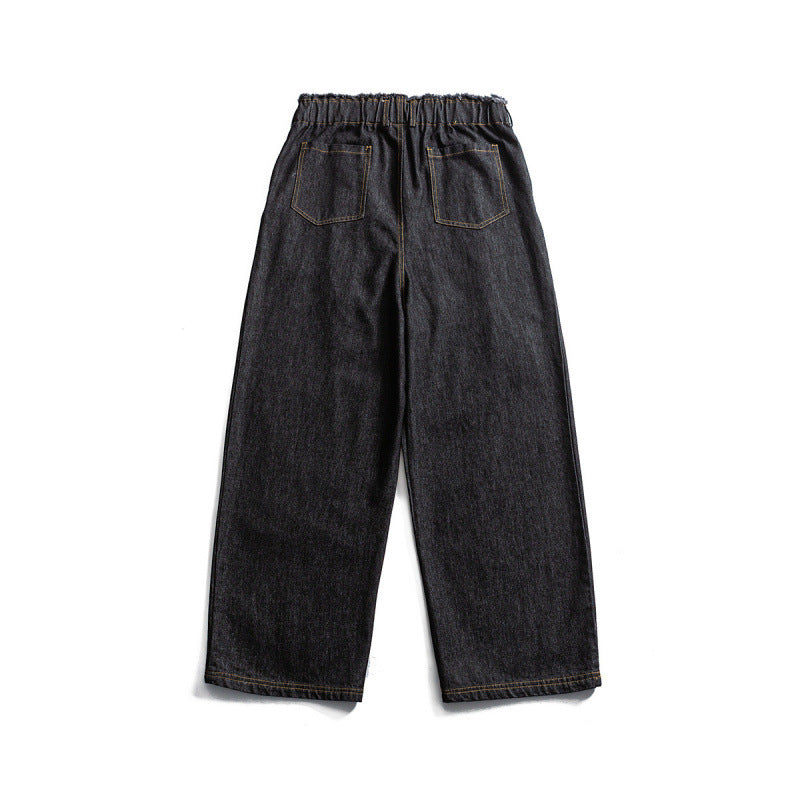 Unisex Wide Denim Pants with Elastic Waistband, Drawstring and Pleated Amarae
