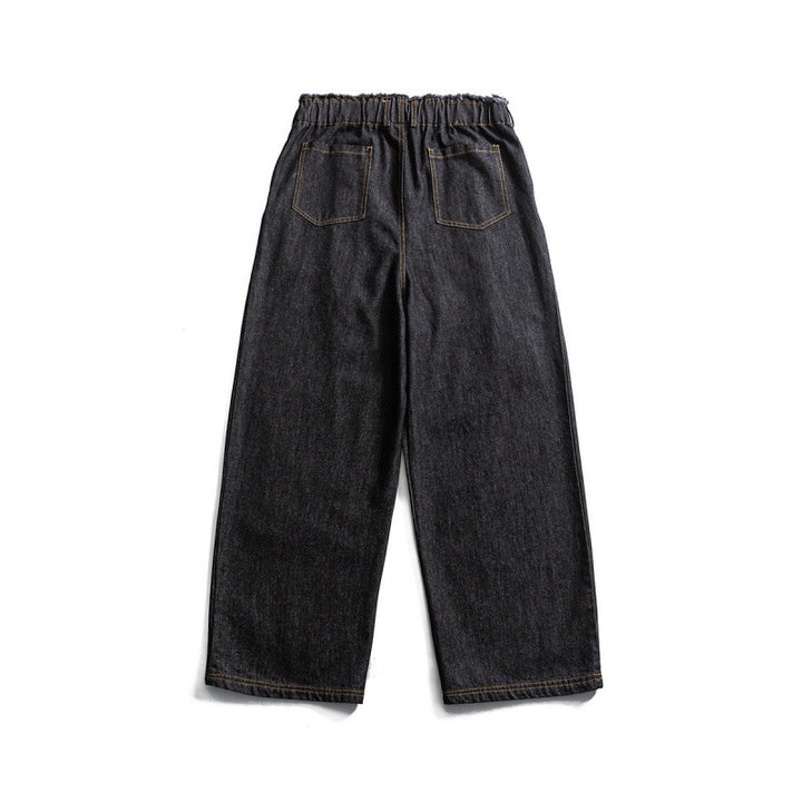 Unisex Wide Denim Pants with Elastic Waistband, Drawstring and Pleated Amarae