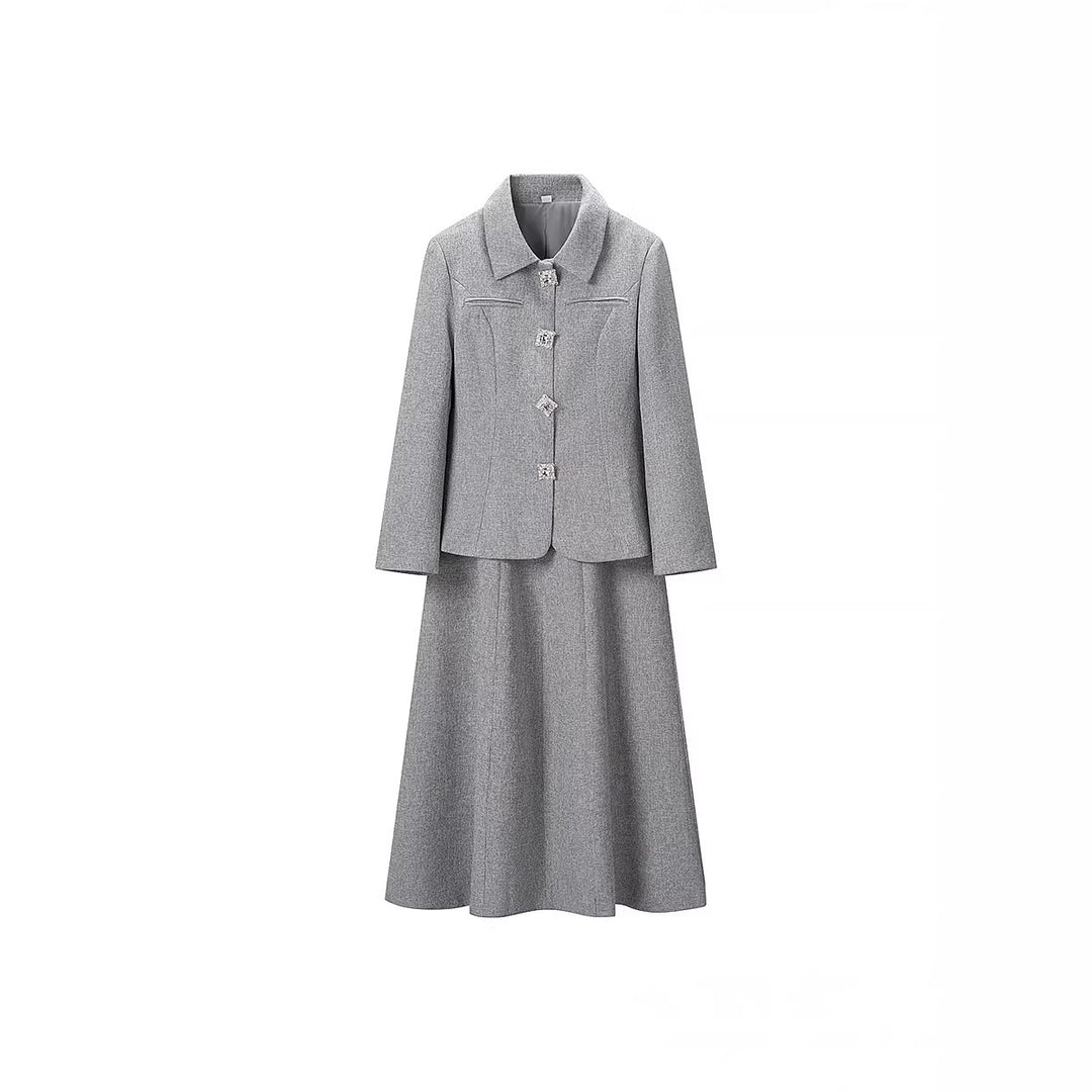 Ladies Two-Piece Boucle Tweed Set with Fitted Button Blazer and Flared Midi Skirt Amarae