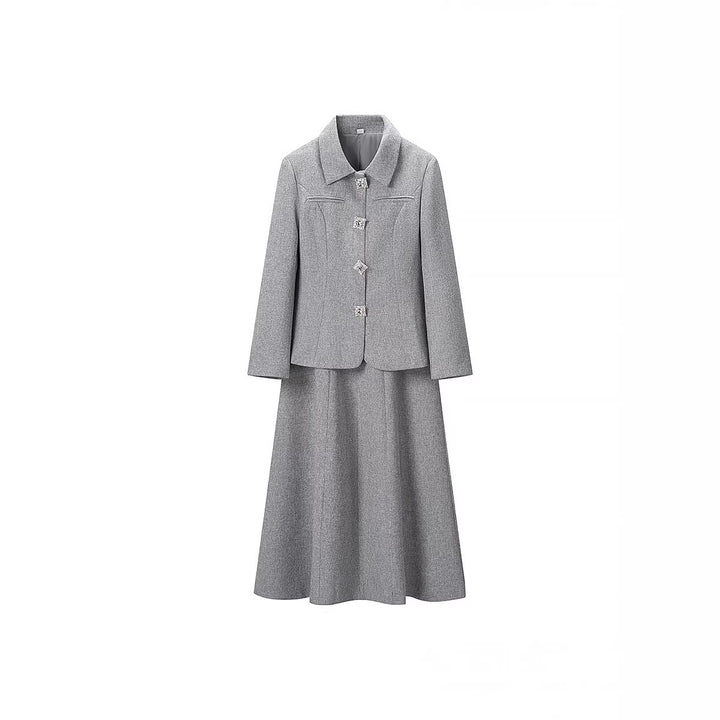 Ladies Two-Piece Boucle Tweed Set with Fitted Button Blazer and Flared Midi Skirt Amarae