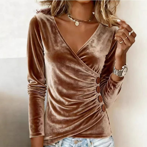 Blouse en velours à effet enveloppant et détails de boutons pour femmes Chic & Stil