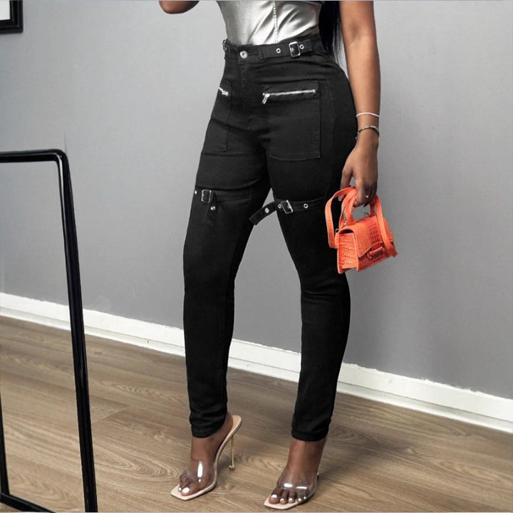 Women High-Waist Skinny Jeans with decorative zippers, patch pockets and belt decor Amarae