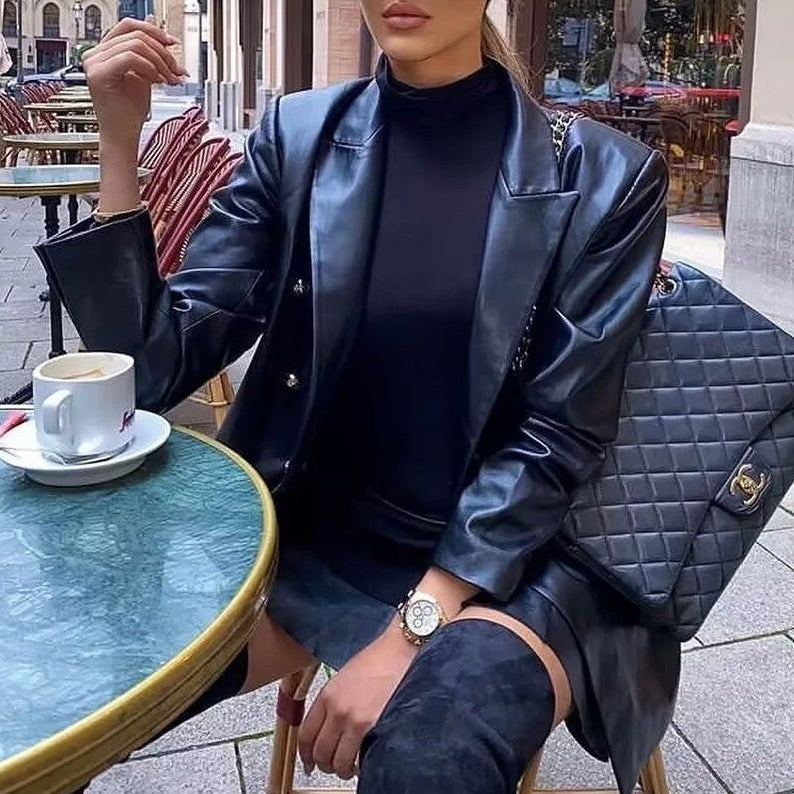 Elegant blazer jacket in faux leather for women Lune London