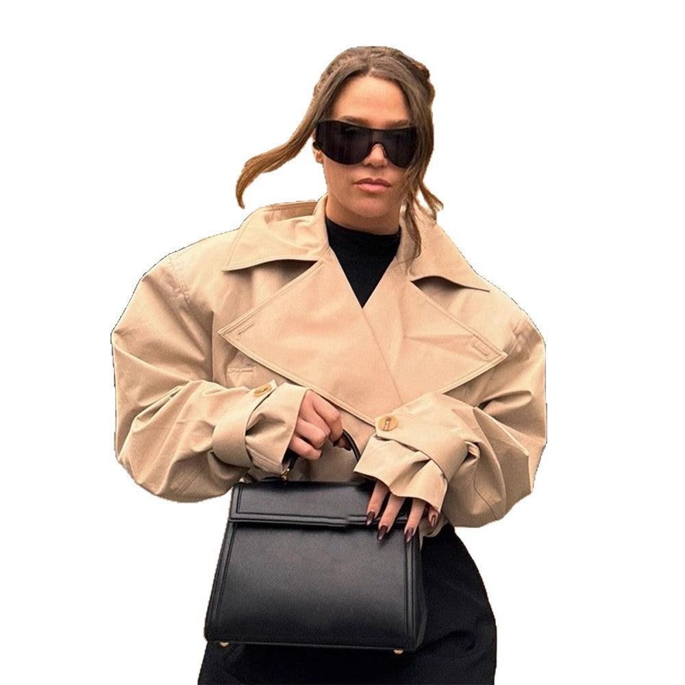 Women Short Double-Breasted Trench Coat with Waist Belt and Wide Lapel Amarae