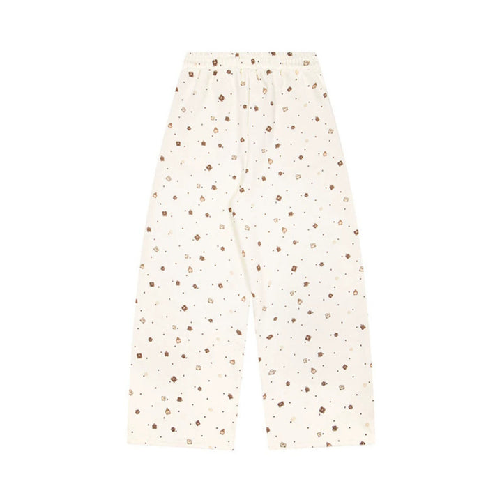 Women's Wide Lounge Pants in Culotte Style with Elastic Comfort Waistband and Cute Bear Print