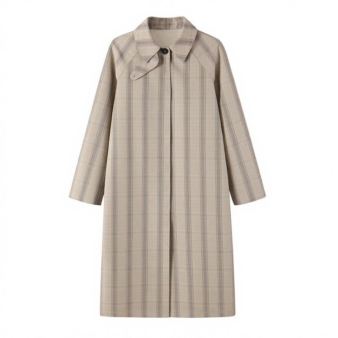 Women's Mid-Length Check Coat with Concealed Button Placket and Raglan Sleeves Amarae