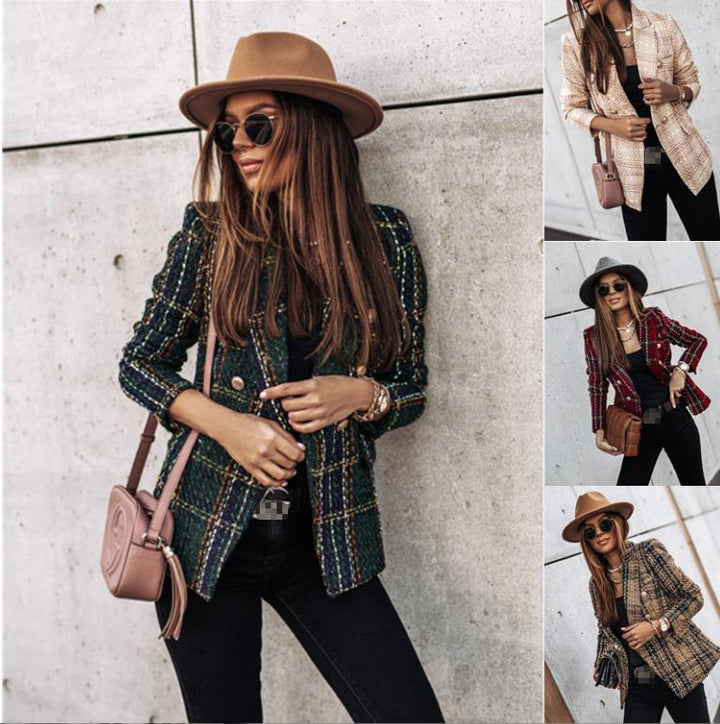 Ladies Tweed Blazer in Glencheck with double row button placket Amarae