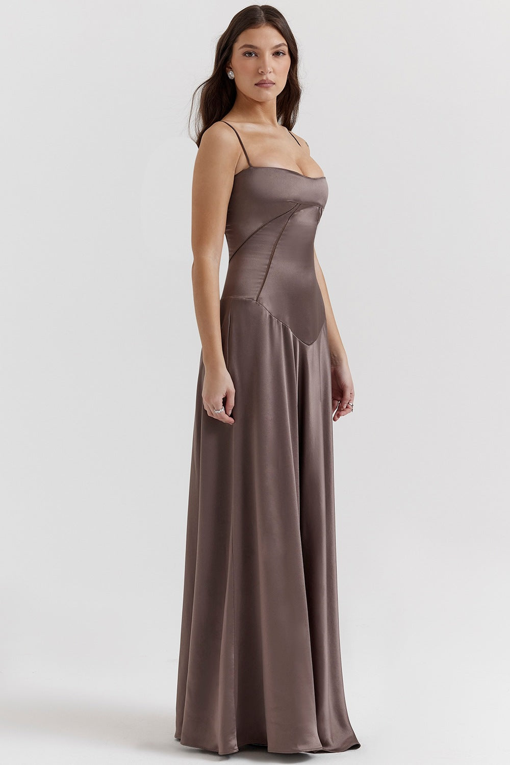 Women's Elegant Maxi Dress with Slim Spaghetti Straps and Flowing Satin Fall Lune London