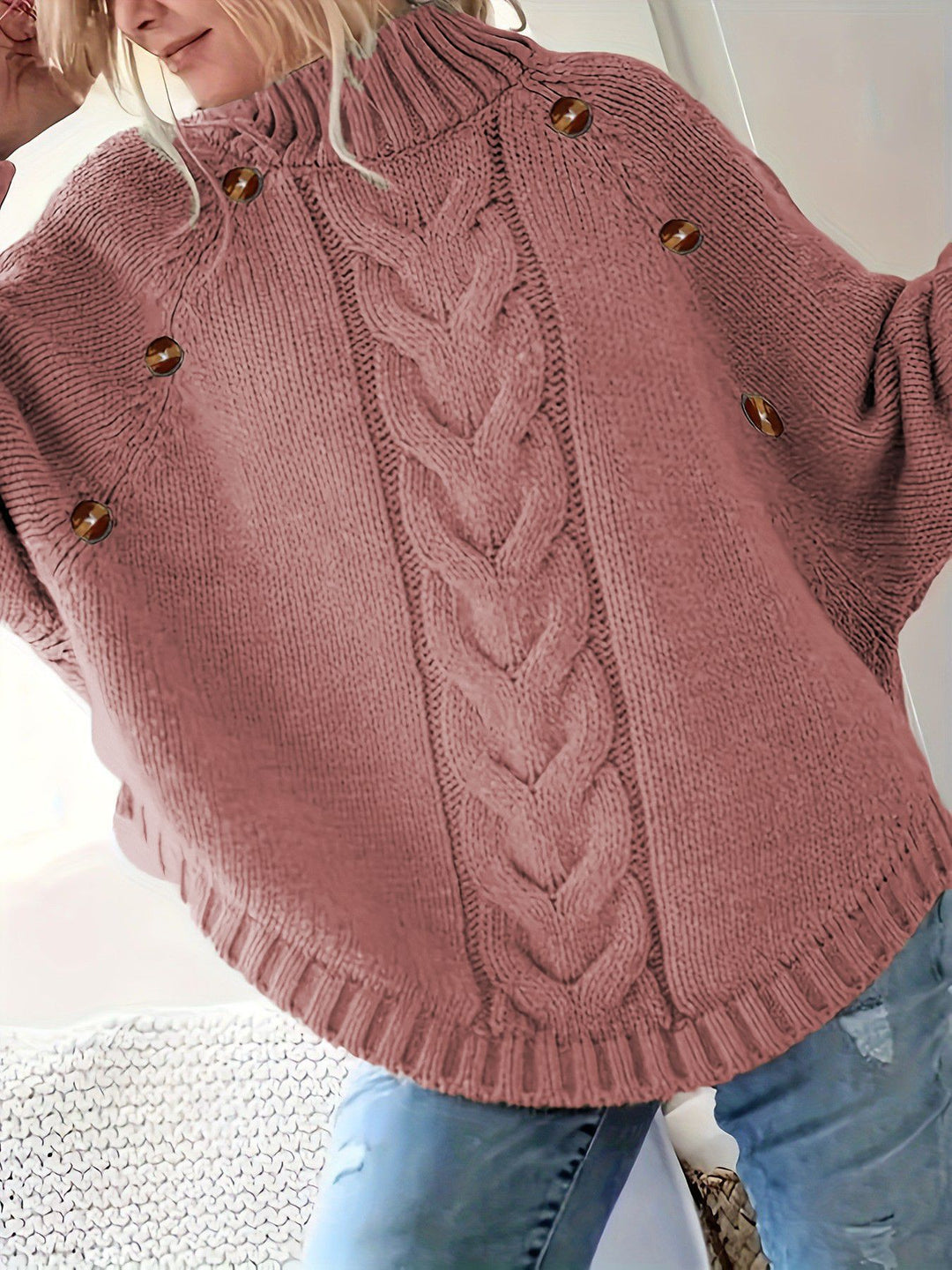 Chunky knit sweater for women with high neck and decorative buttons Lune London