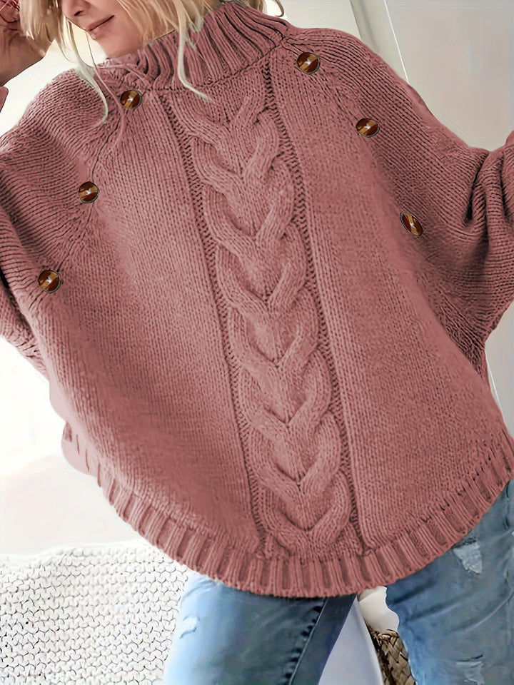 Chunky knit sweater for women with high neck and decorative buttons Lune London