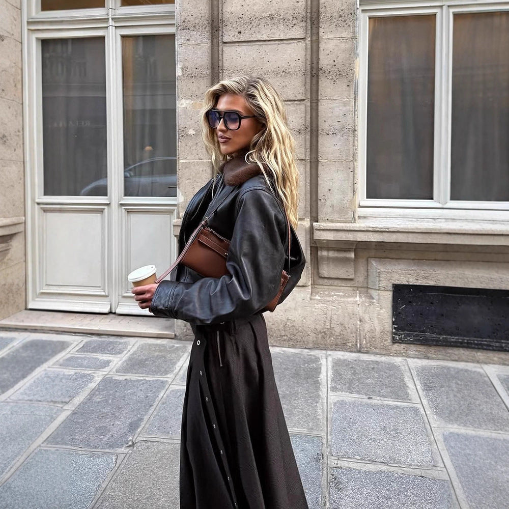 Women short-cut leather look pilot jacket with teddy collar and fitted ribbed hem Amarae