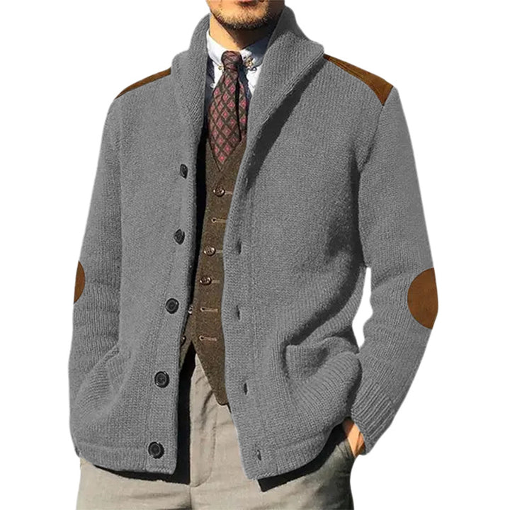 Men's knit jacket with classic shawl collar and elegant leather details Lune London