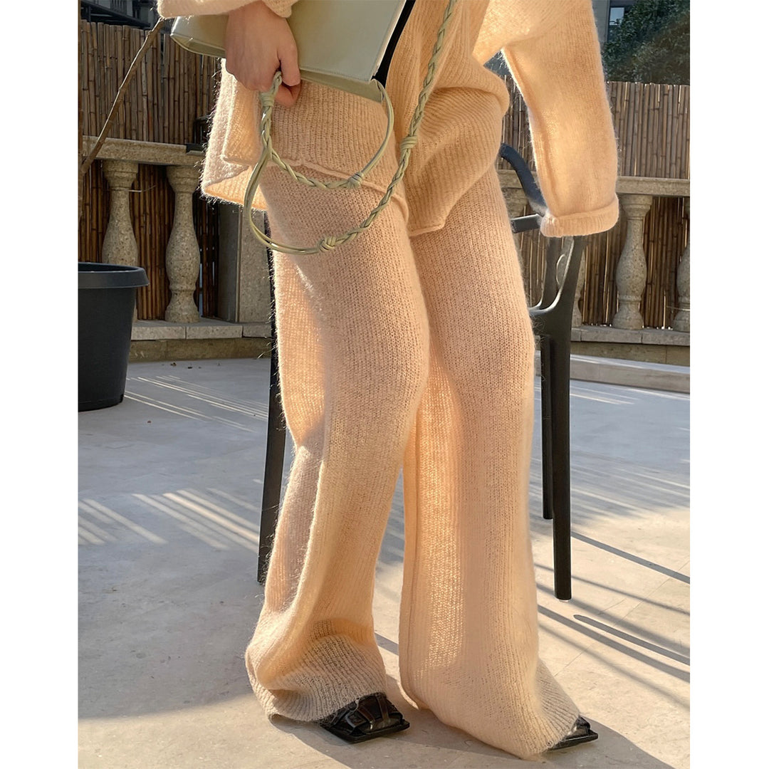 Women Fluffy Palazzo Knit Pants with Wide Leg and Lounge Silhouette Amarae