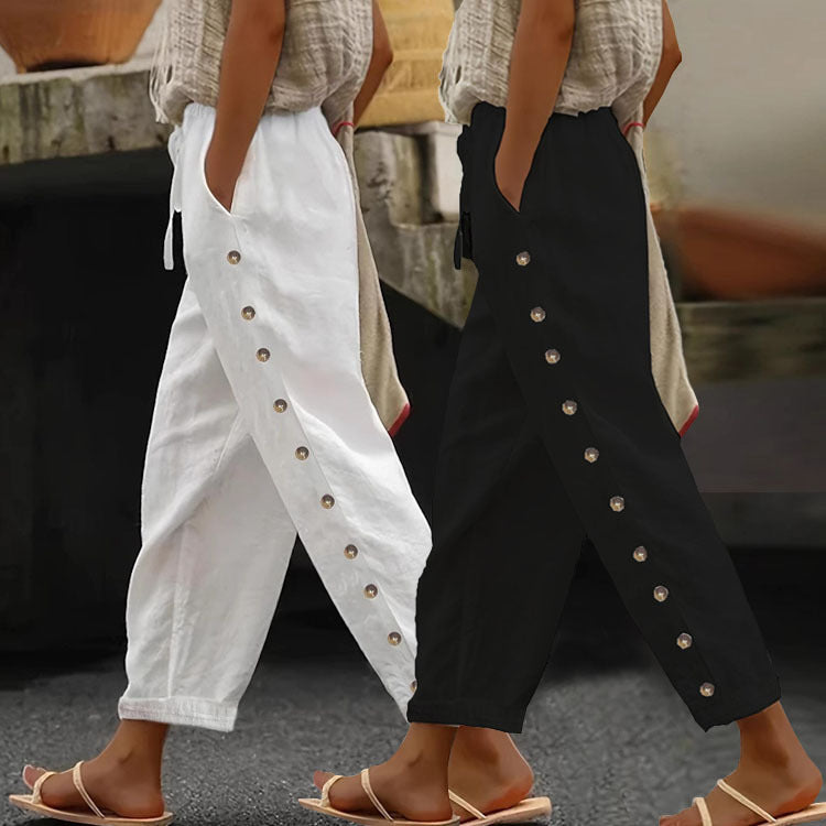 Wide trousers for women with button details on the sides and elastic waist Lune London
