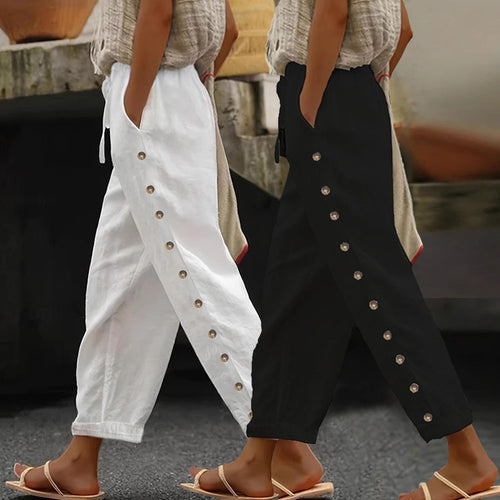 Wide trousers for women with button details on the sides and elastic waist Amarae