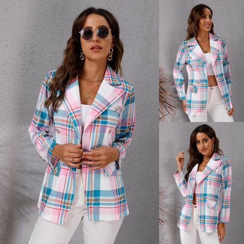 Plaid women's blazer with double button closure Amarae