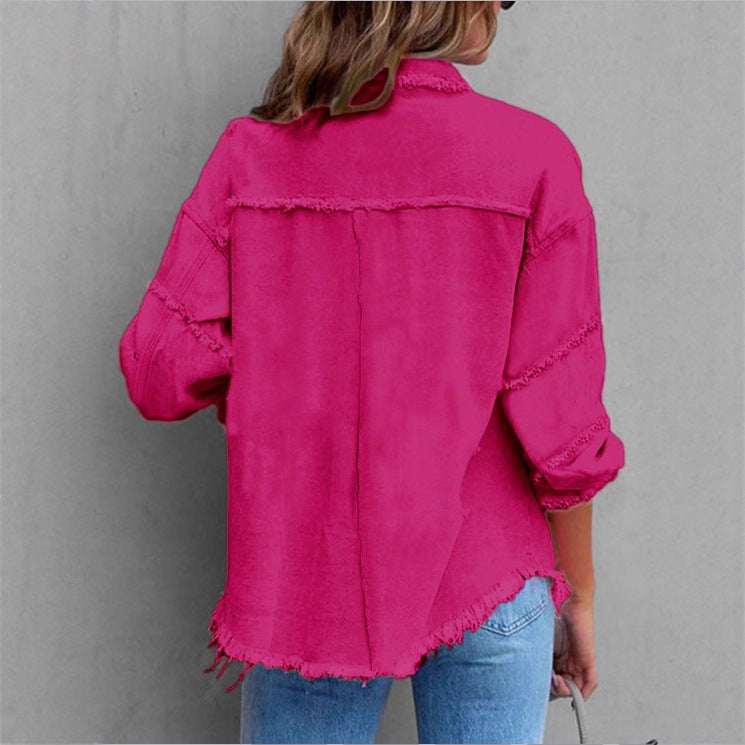 Women's Oversized Denim Utility Jacket with Frayed Edges and Flap Pockets Amarae