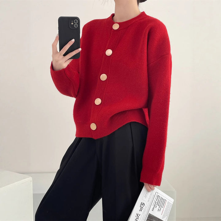 Oversized knit jacket for women with large wooden buttons and wide cut Lune London