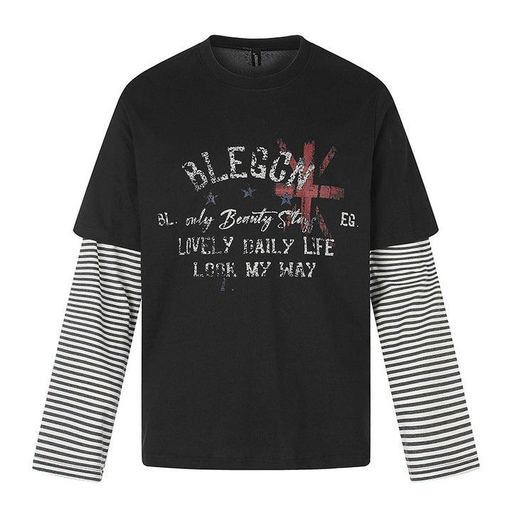 Women's Layered Long Sleeve Shirt with Striped Insert Sleeves and Vintage Print Amarae