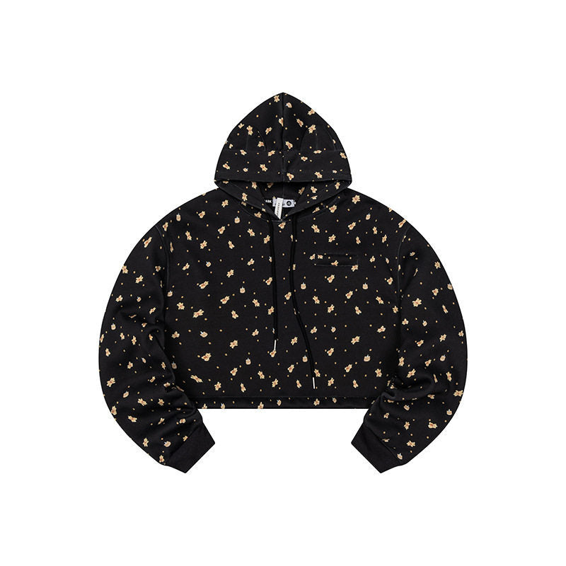 Women's Cropped Hoodie Sweatshirt with Allover Floral Print, Chest Pocket and Ruffled Hem Amarae
