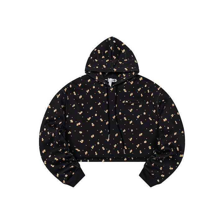 Women's Cropped Hoodie Sweatshirt with Allover Floral Print, Chest Pocket and Ruffled Hem Amarae
