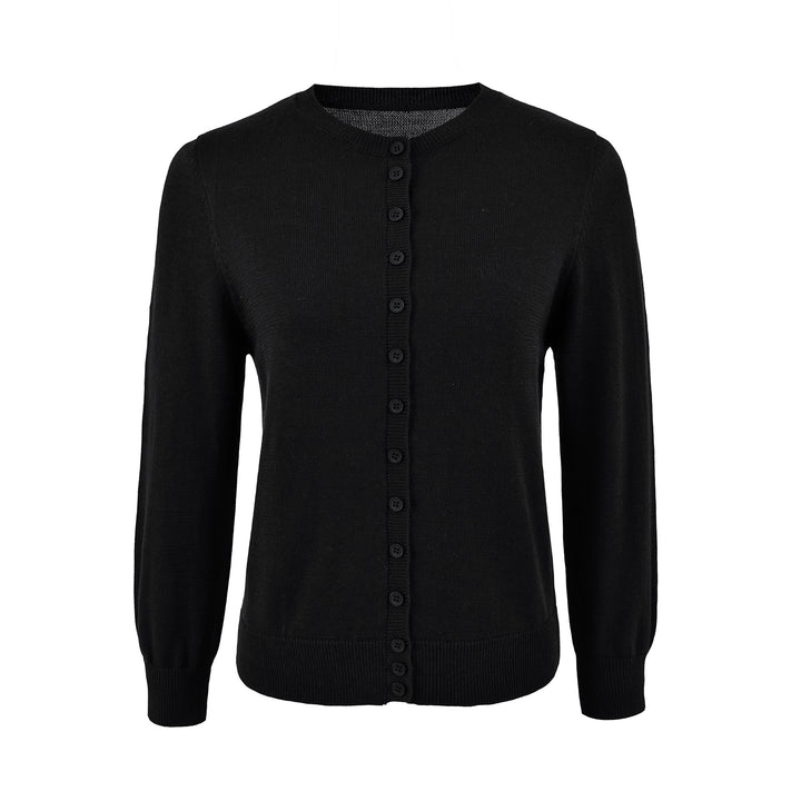 Ladies finely knitted round neck cardigan with button placket and ribbed cuffs Amarae