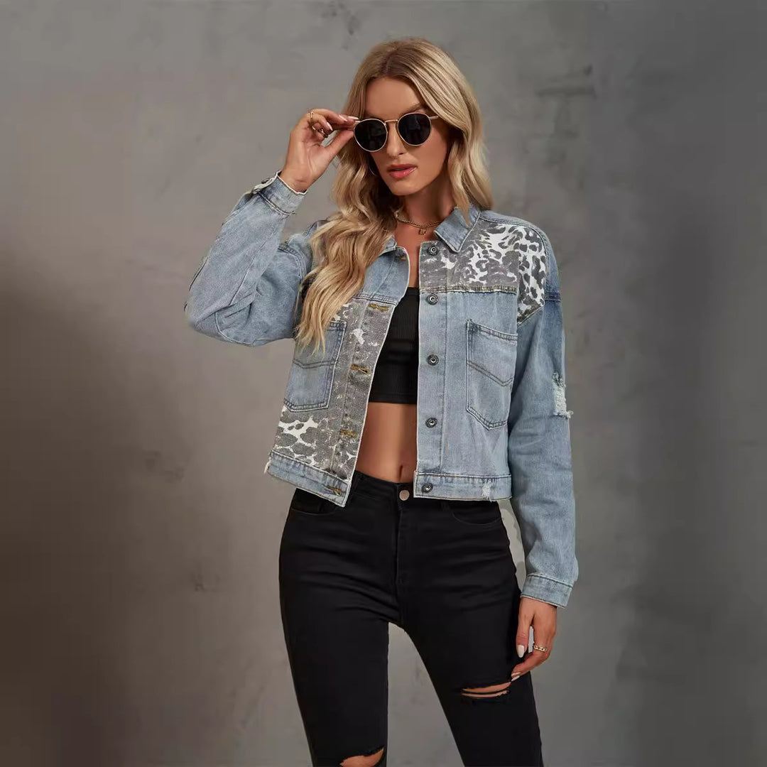 Denim jacket for women with contrasting animal print applications and a casual cut Lune London