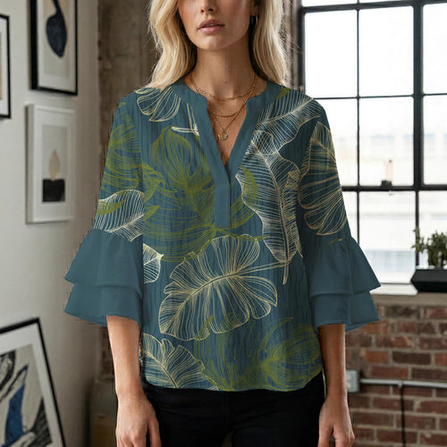 Ladies blouse with voluminous ruffled sleeves and floral print Amarae