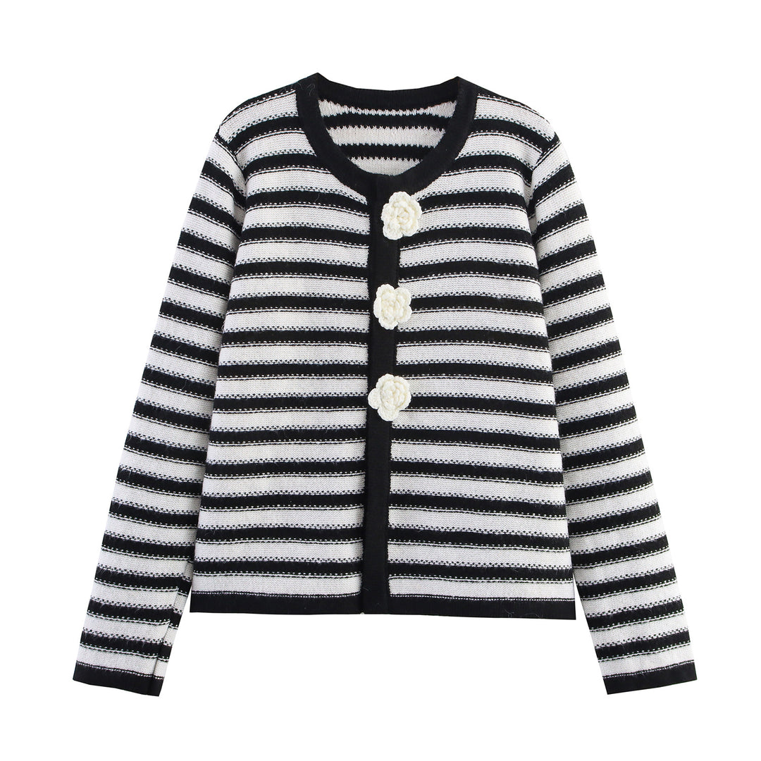 Striped knit jacket for ladies with floral button details Lune London