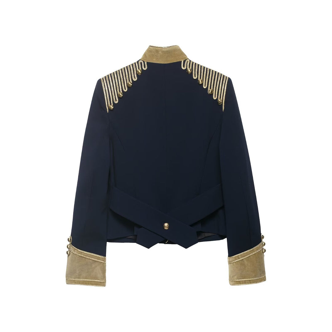 Ladies Military Inspired Short Jacket with Golden Cord Decoration and Velvet Cuffs Amarae