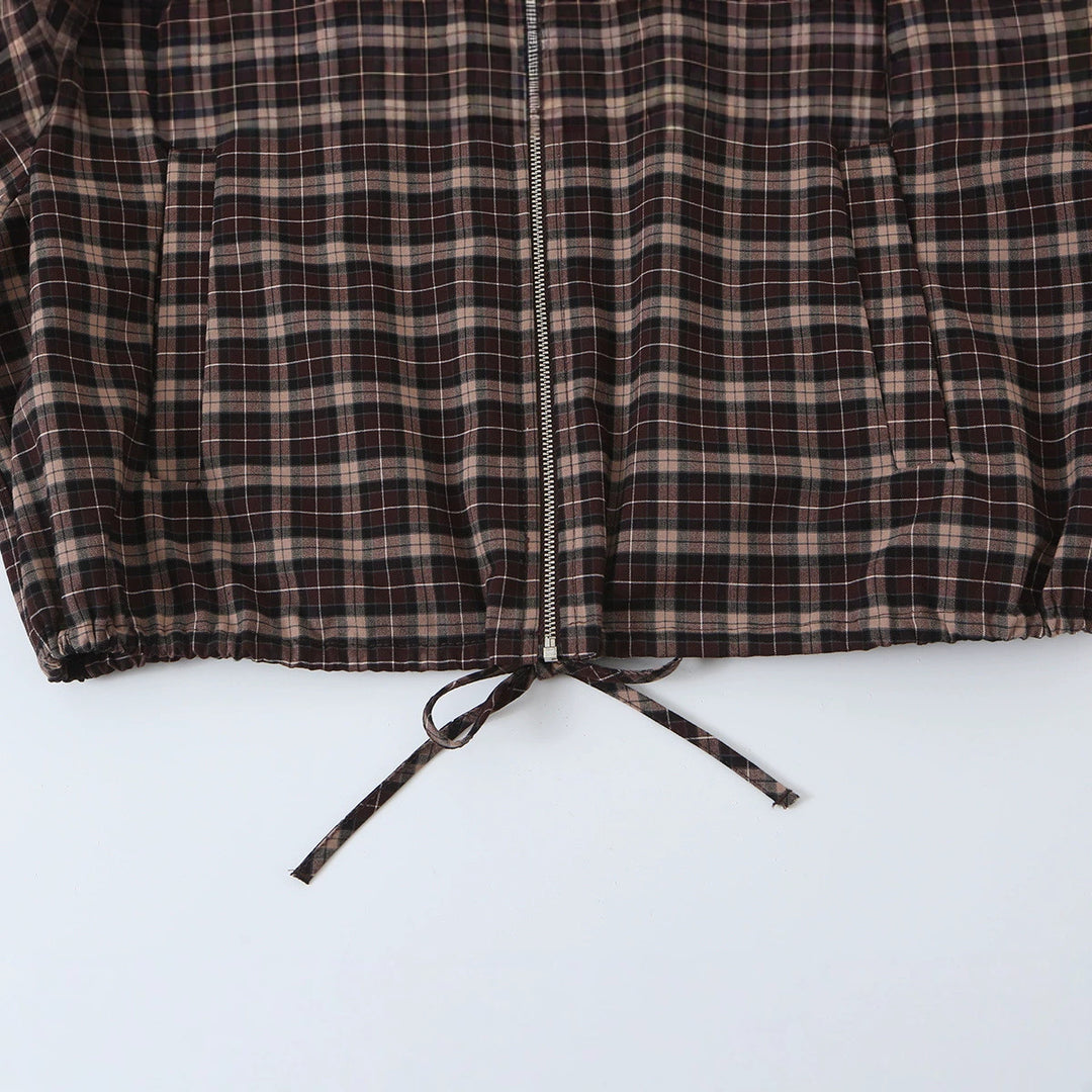 Women's Checkered Cropped Jacket with Stand-up Collar, Drawstring Hem and Pockets Amarae