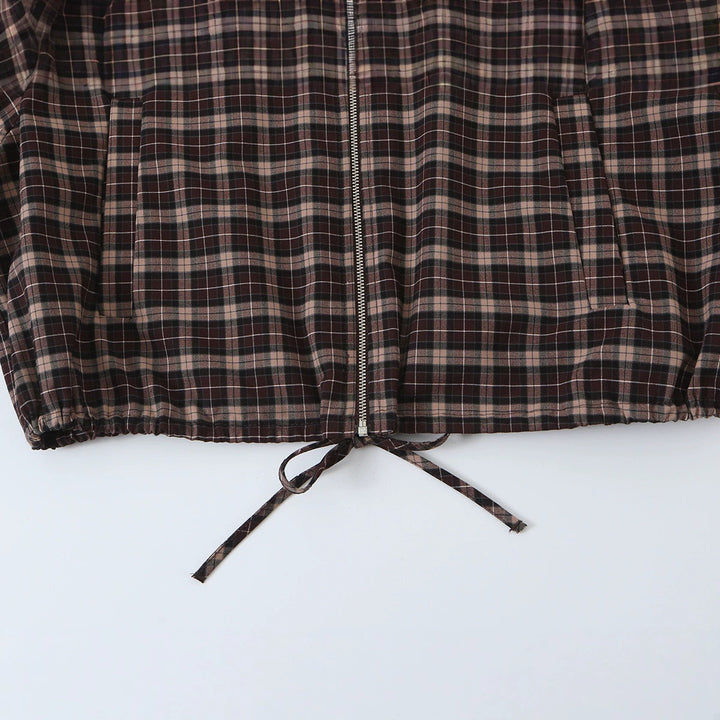Women's Checkered Cropped Jacket with Stand-up Collar, Drawstring Hem and Pockets Amarae