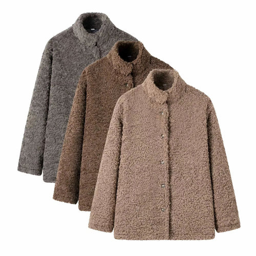 Comfortable fleece jacket for women with high collar and snap button closure Amarae