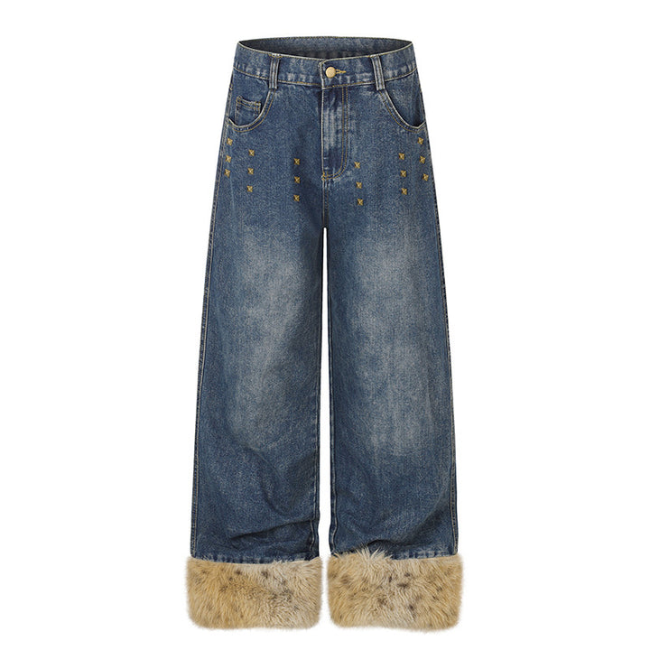 Women's Wide Denim Palazzo Jeans with Fur Cuffs and Studs Amarae