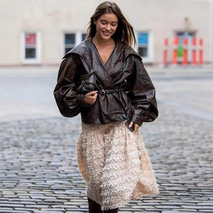 Women's Tailored Faux Leather Blouson with Wide Shawl Collar, Voluminous Balloon Sleeves and Double Studded Belt Amarae