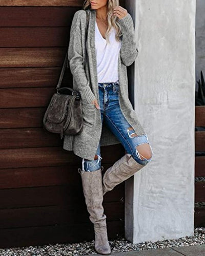 Women thick knit cardigan elegant with open front and deep pockets Amarae