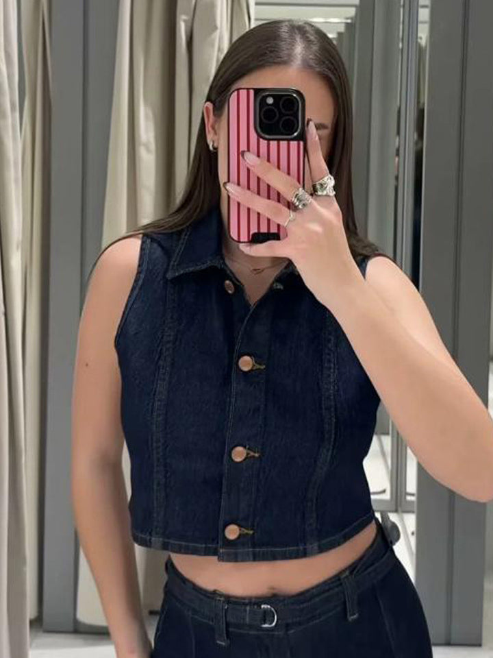 Women Short Cut Denim Vest with Tailored Paneling and Metal Button Placket Amarae