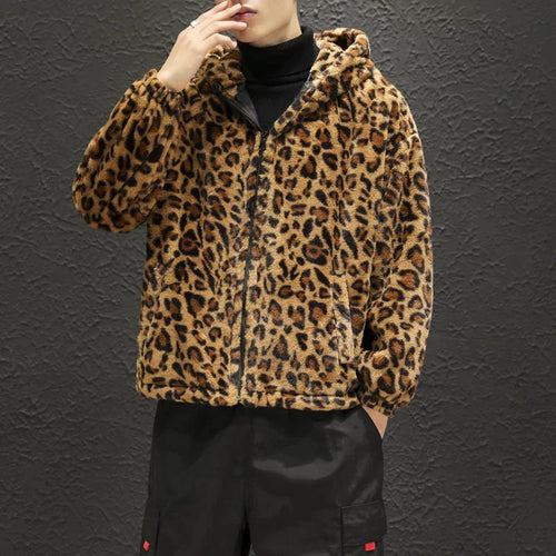 Amarae | Men's Fleece Jacket with Hood and Leopard Pattern