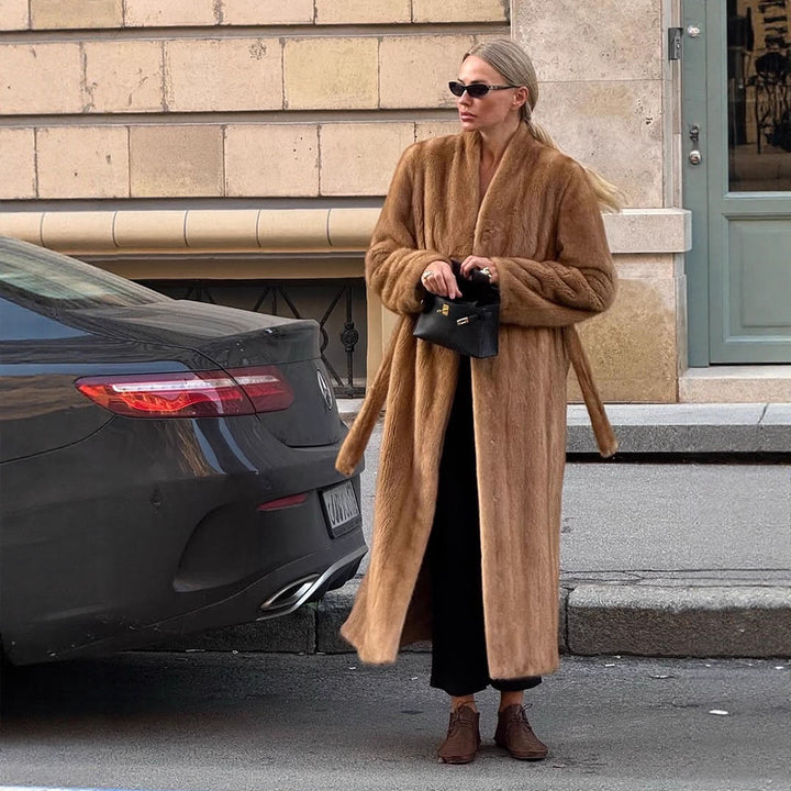 Women Luxurious Long Fur Coat with Shawl Collar and Flattering Oversize Cut Amarae