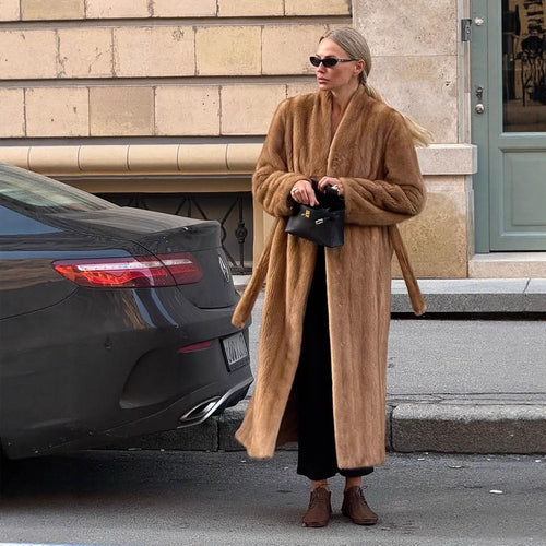 Women Luxurious Long Fur Coat with Shawl Collar and Flattering Oversize Cut Amarae