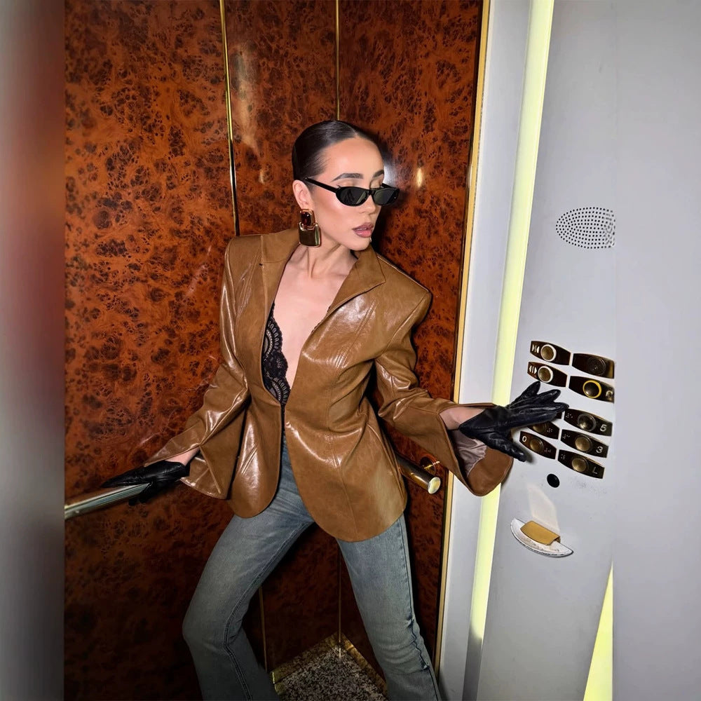 Women's fitted leather look blazer with stand collar & extended cuffs Amarae