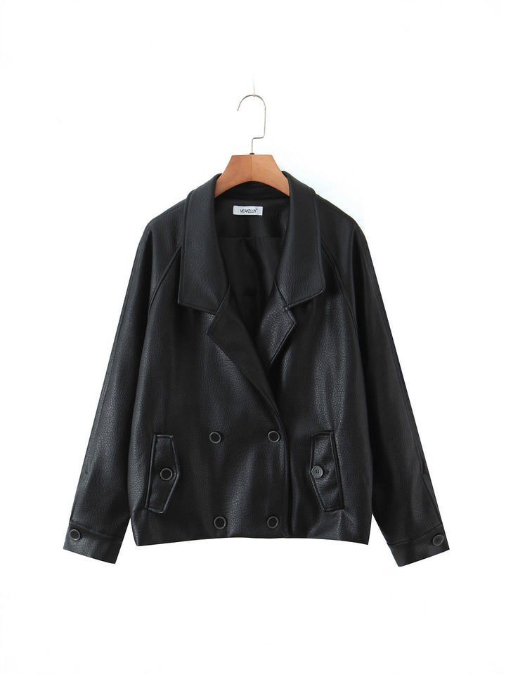 Faux leather jacket for women with double row of buttons and large lapels Lune London