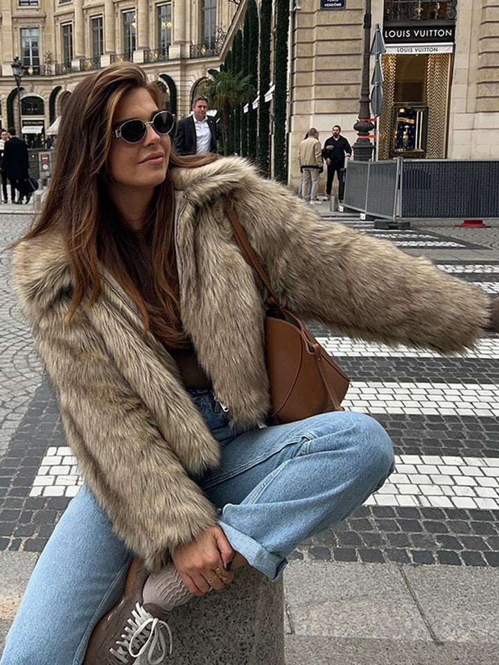 Women's Short Cut Faux-Fur Boxy Coat with Hood and Zip Amarae